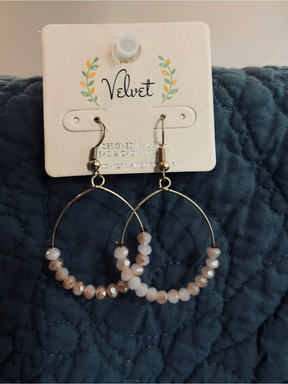 Velvet Beaded Hoop Earrings Blush Pink Gold Tone Boho Dangle New